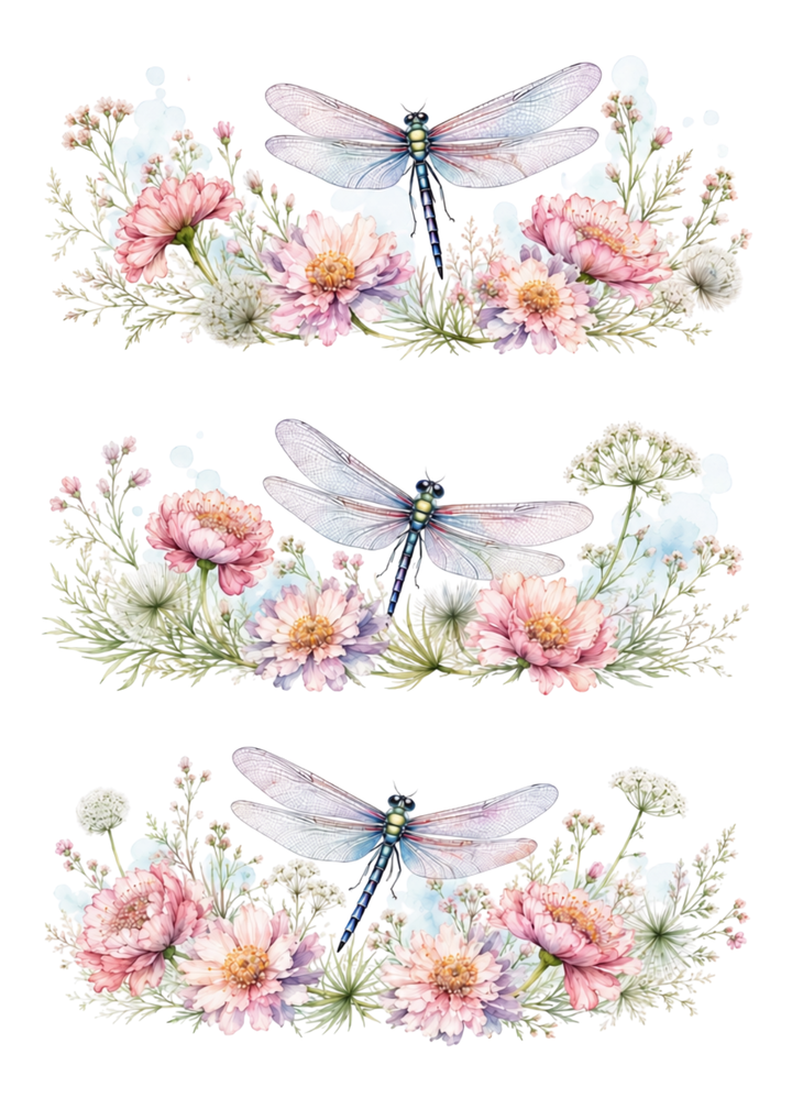 Rice Paper For Decoupage Three Pastel Dragonfly Garden Vignettes  Collage Cat. No. 10385