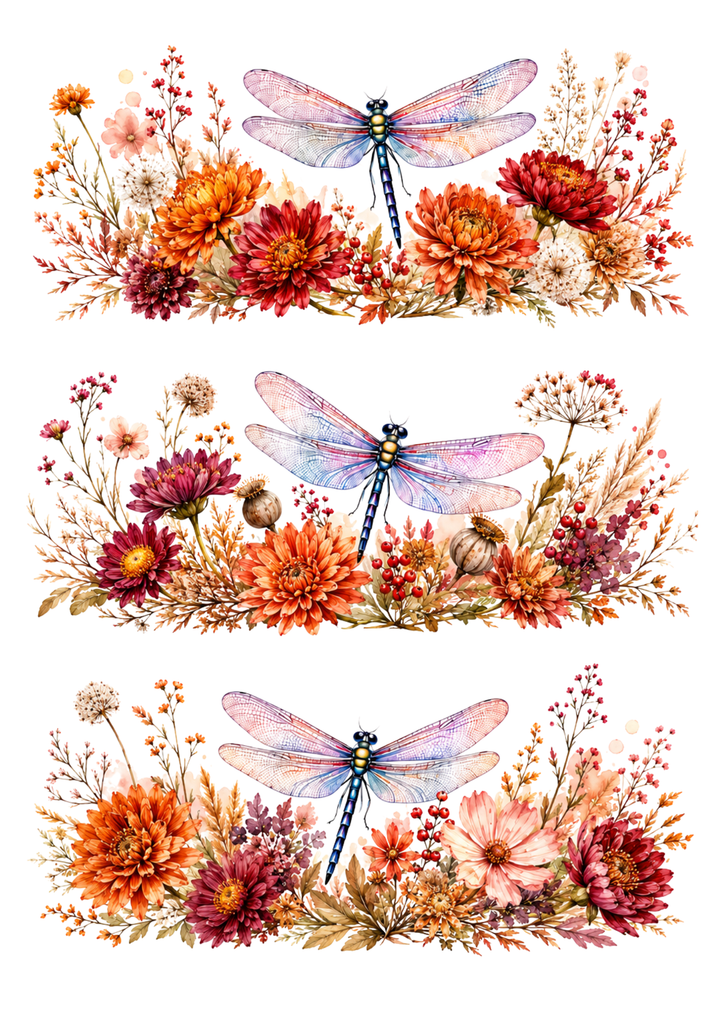 Rice Paper For Decoupage  Autumn Dragonfly Floral Triptych  Collage Cat. No. 10386