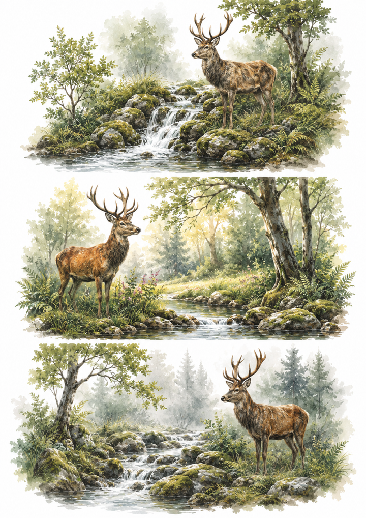 Rice Paper For Decoupage Stag in Misty Forest Triptych  Collage Cat. No. 10388