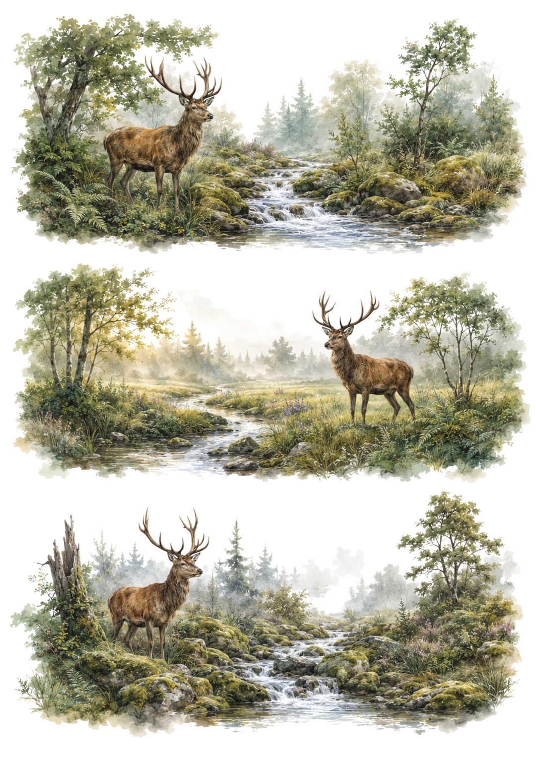 Rice Paper For Decoupage Stag in Misty Forest Triptych Collage Cat. No. 10389