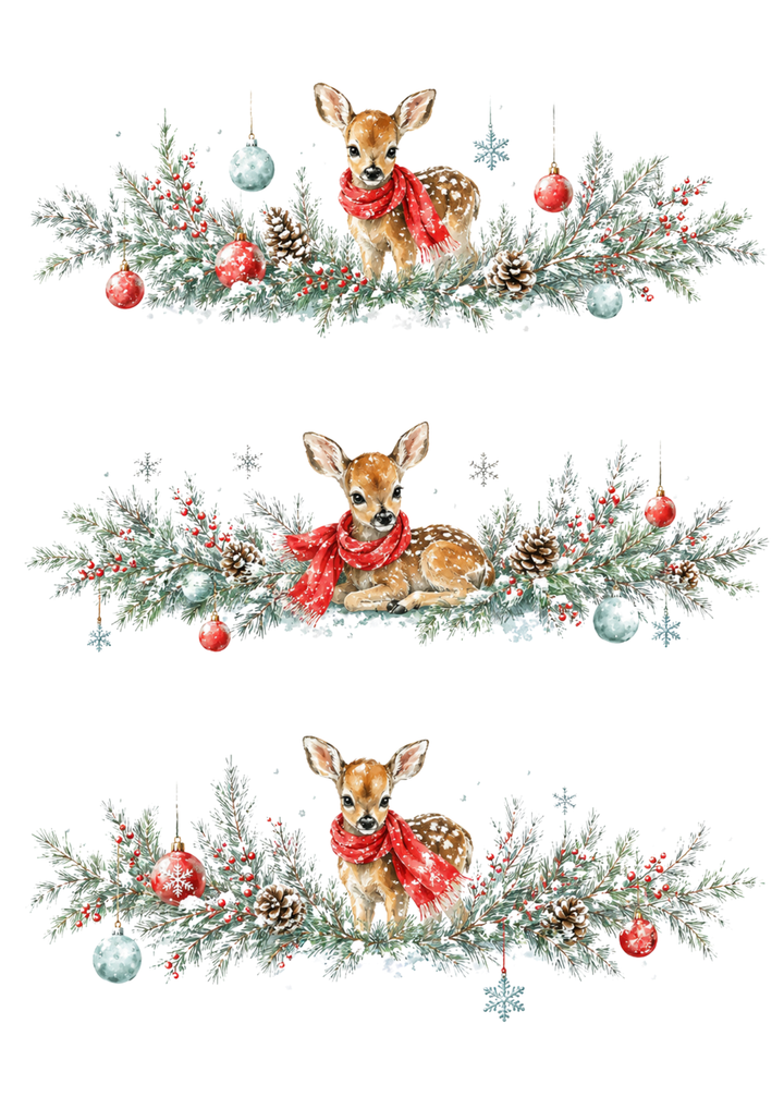 Rice Paper For Decoupage Watercolor Fawn Christmas Garlands Collage Cat. No. 10390