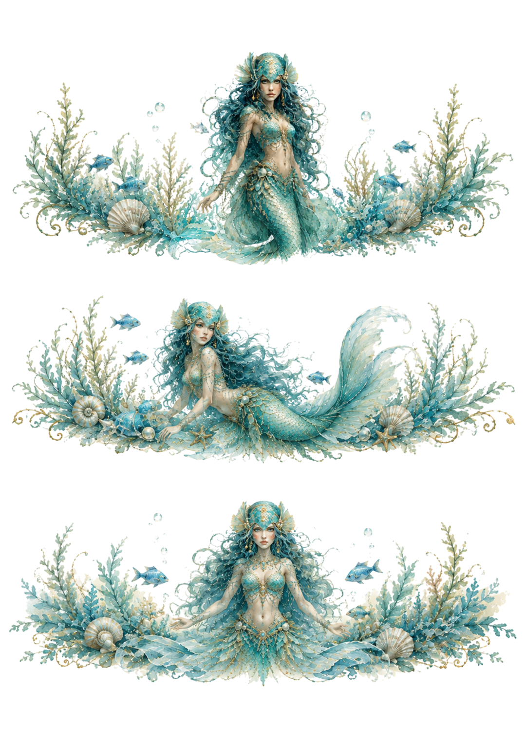 Rice Paper For Decoupage Ethereal Mermaid Goddess Triptych Collage Cat. No. 10391