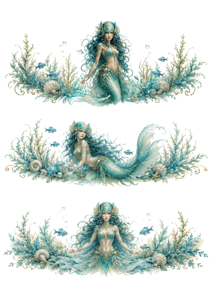 Rice Paper For Decoupage Ethereal Mermaid Goddess Triptych Collage Cat. No. 10391