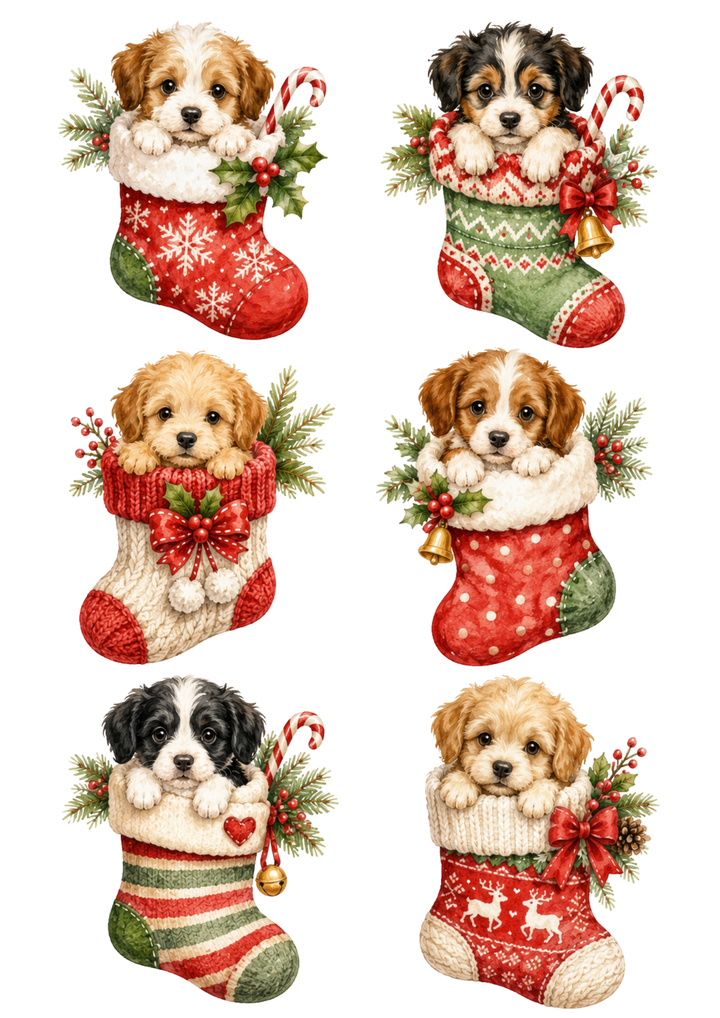 Rice Paper For Decoupage Puppies in Christmas Stockings Collage Cat. No. 10401