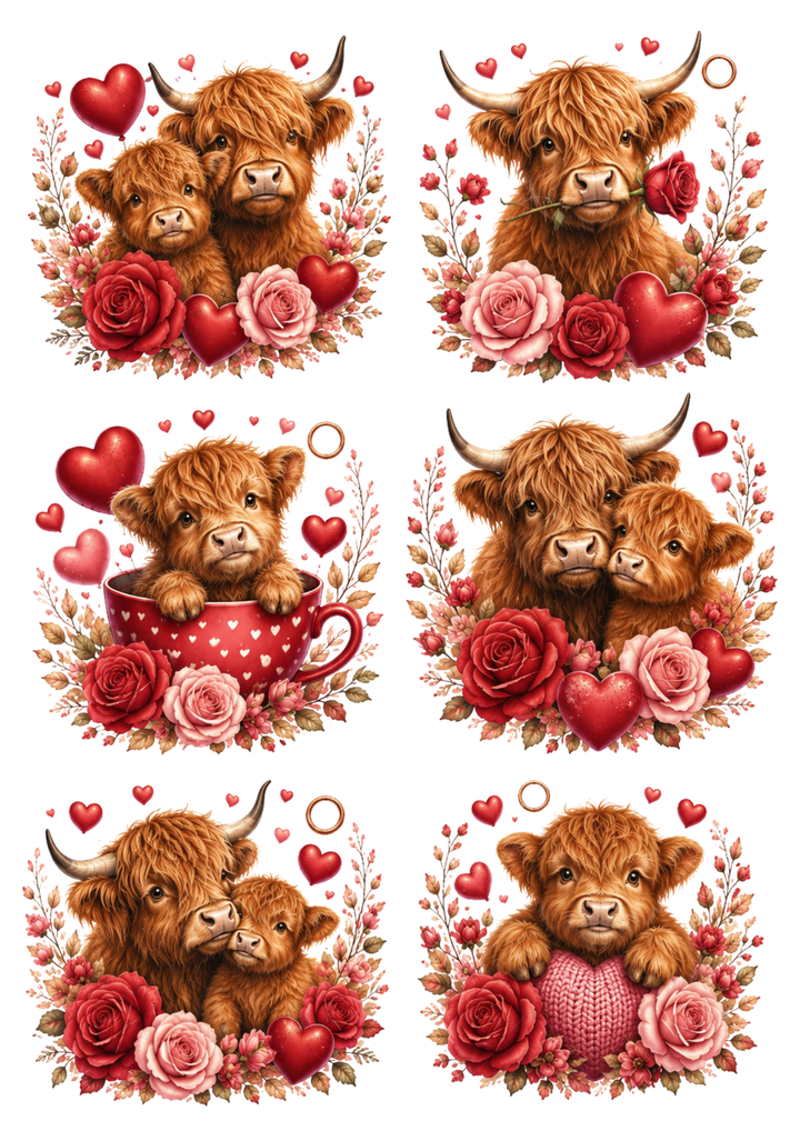 Rice Paper For Decoupage Valentine Highland Cow Collage Cat. No. 10406