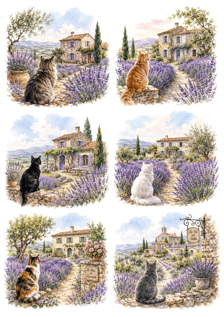Rice Paper For Decoupage Cat &amp; Lavender Field Collage Cat. No. 10409