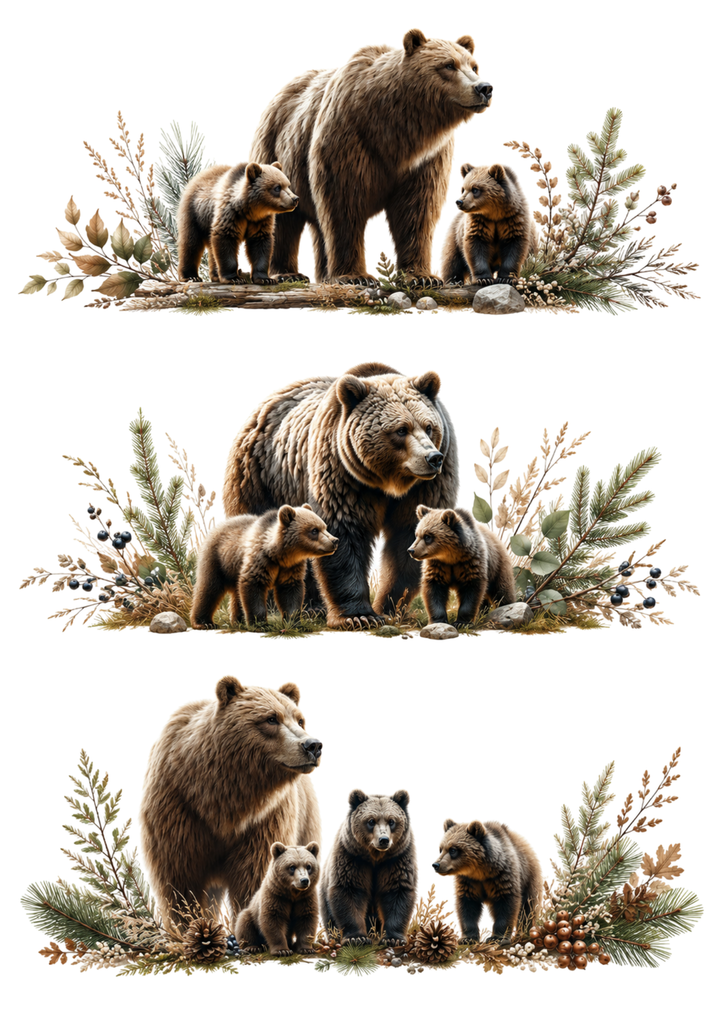 Rice Paper For Decoupage Mother Bear and Her Cubs Collage Cat. No. 10412