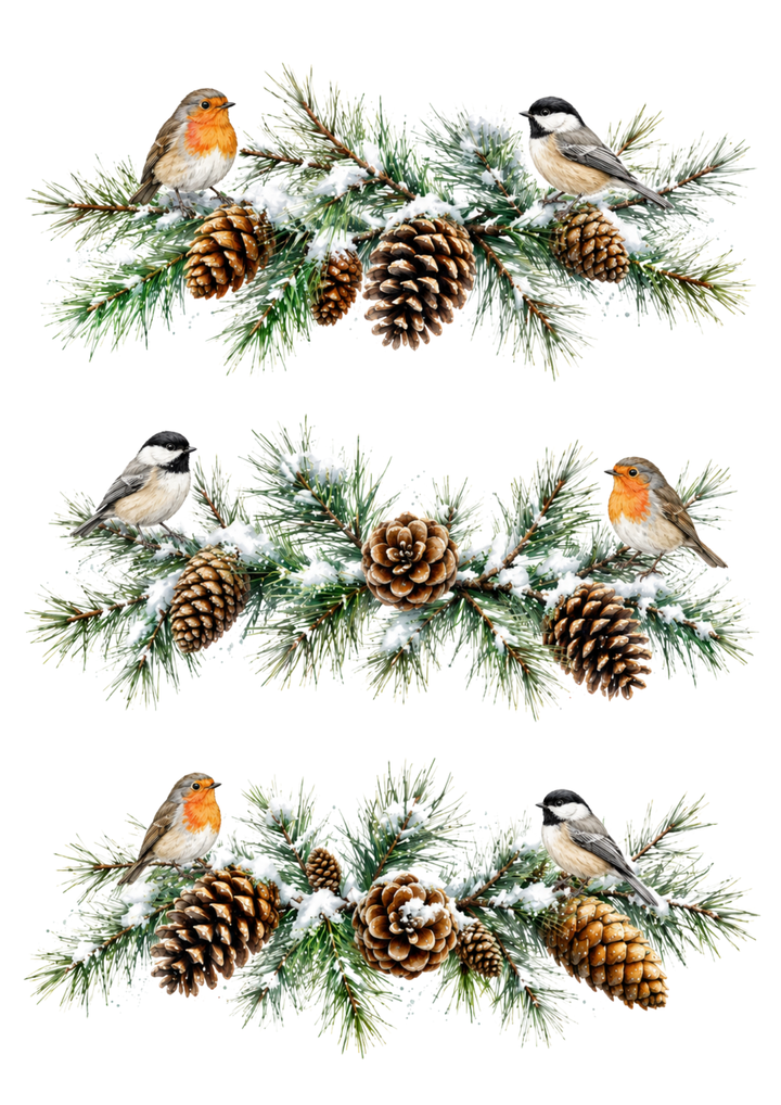 Rice Paper For Decoupage Birds on the Snowy Pine Branches  Collage Cat. No. 10415