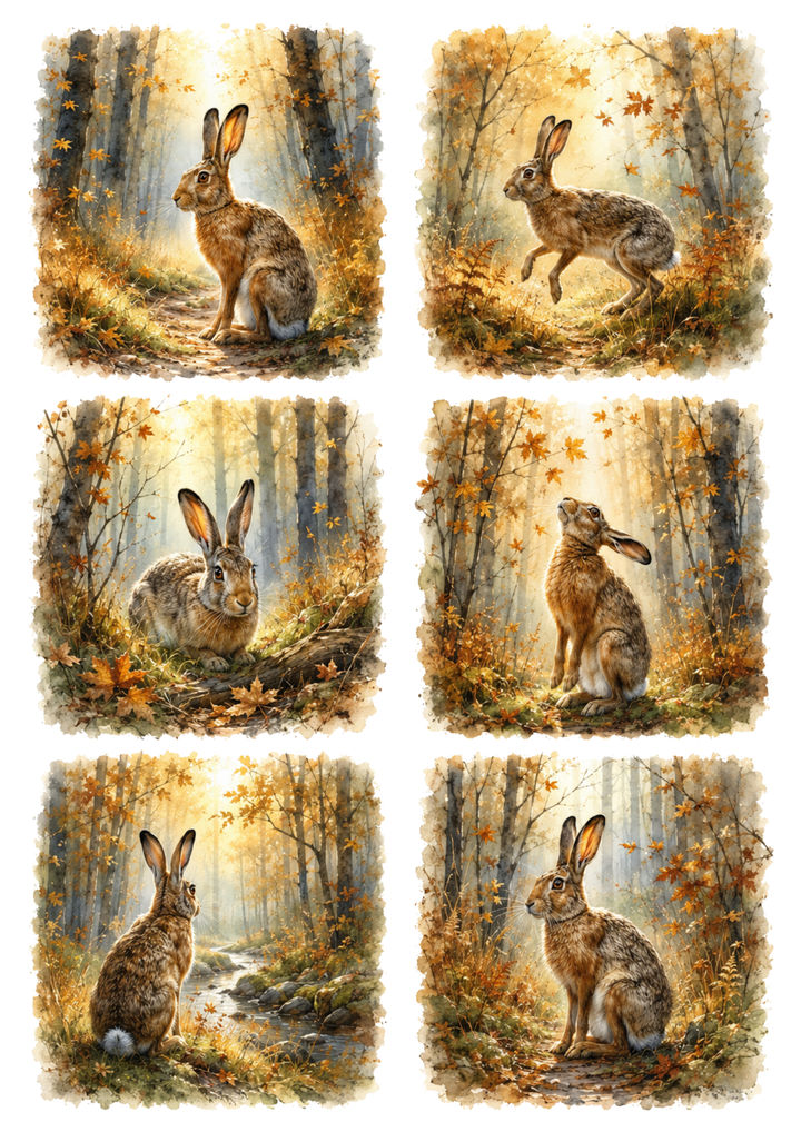 Rice Paper For Decoupage Wild Hare in Autumn Forest Collage Cat. No. 10419