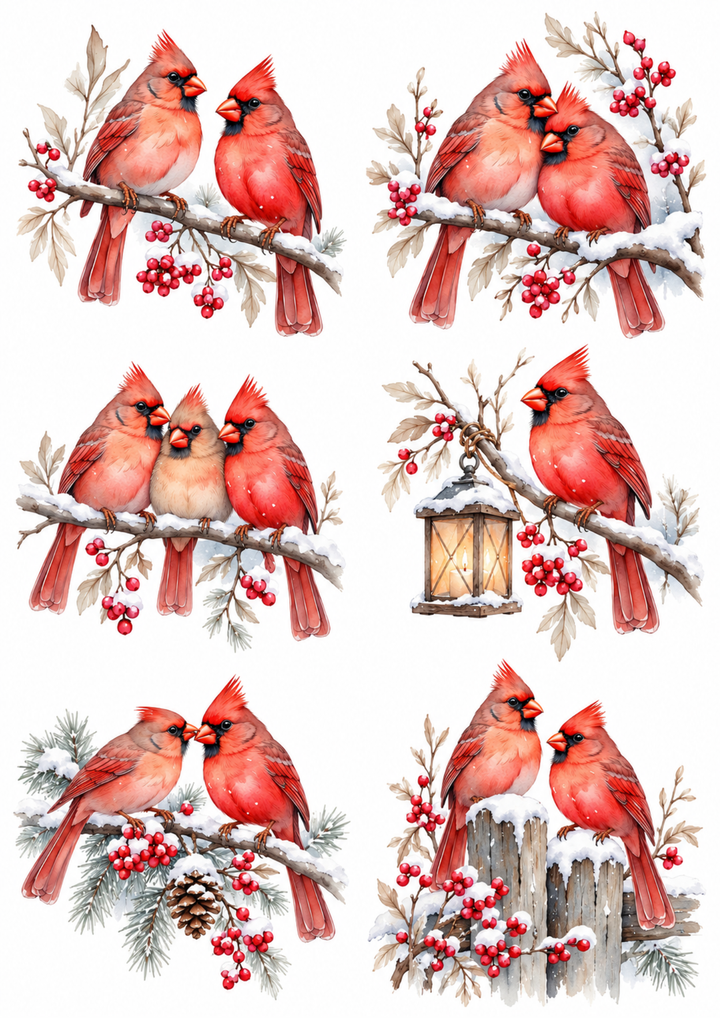 Rice Paper For Decoupage Winter Cardinals Collage Cat. No. 10433