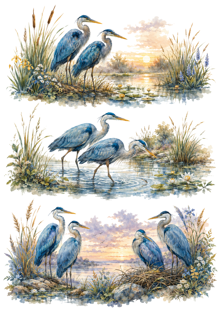 Rice Paper For Decoupage Blue Herons at Sunset Collage Cat. No 10442