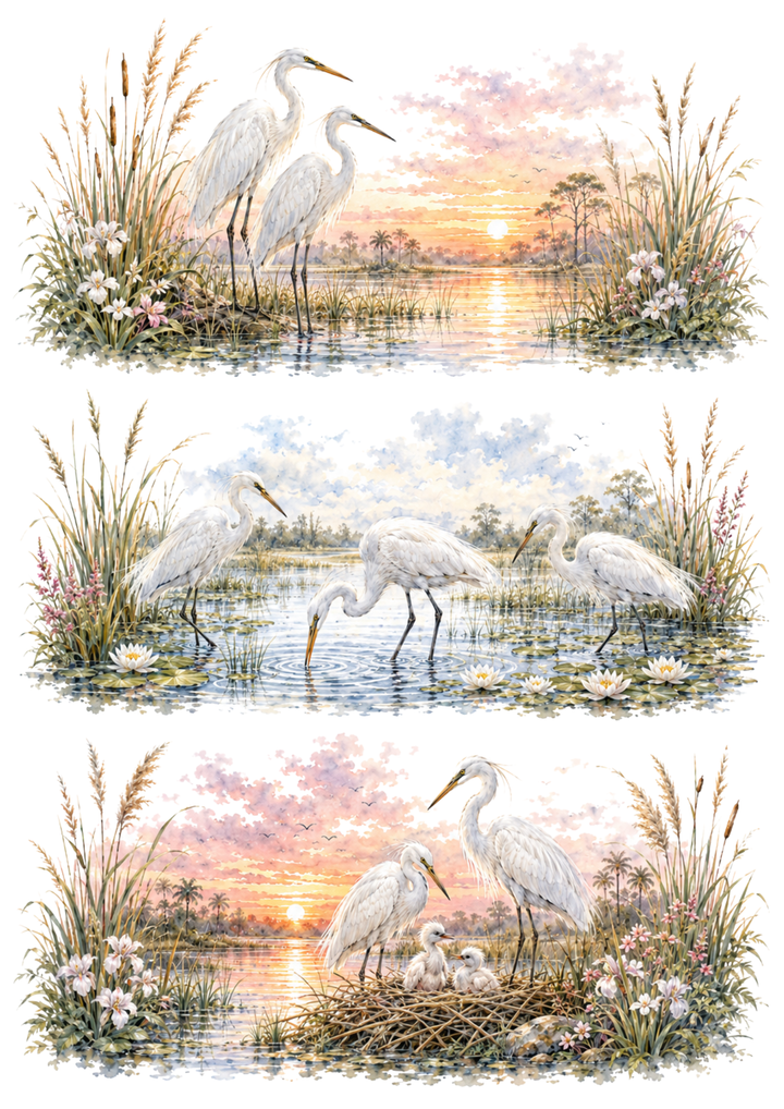 Rice Paper For Decoupage White Herons at Sunset Collage Cat. No 10444