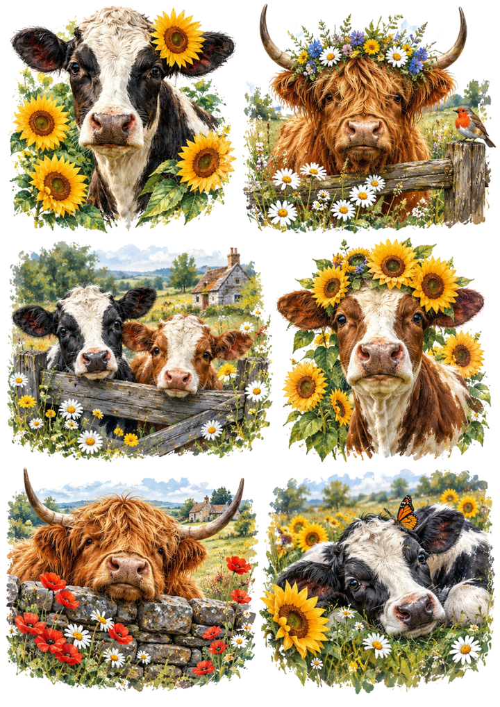 Rice Paper For Decoupage Cow in Summer Meadow Collage Cat. No 10465