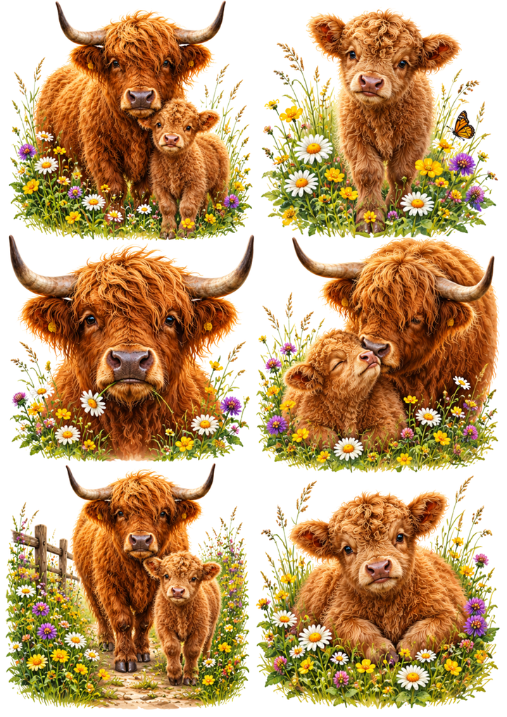 Rice Paper For Decoupage Highland Cow in the Meadow Collage Cat. No 10466