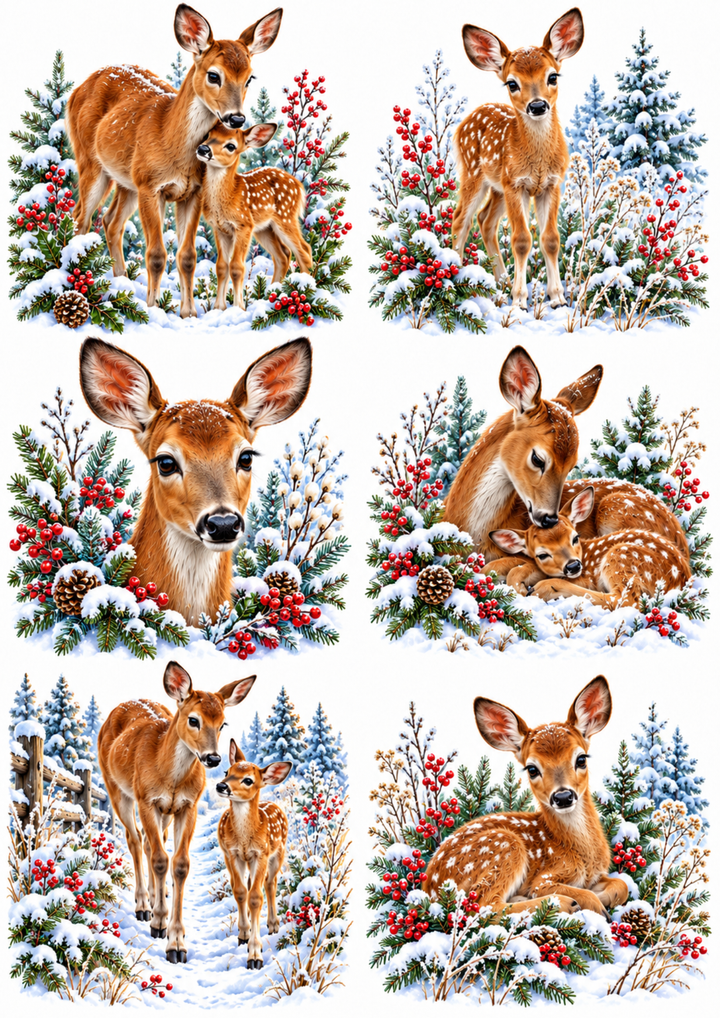 Rice Paper For Decoupage Winter Deer Scene Collage Cat. No 10469