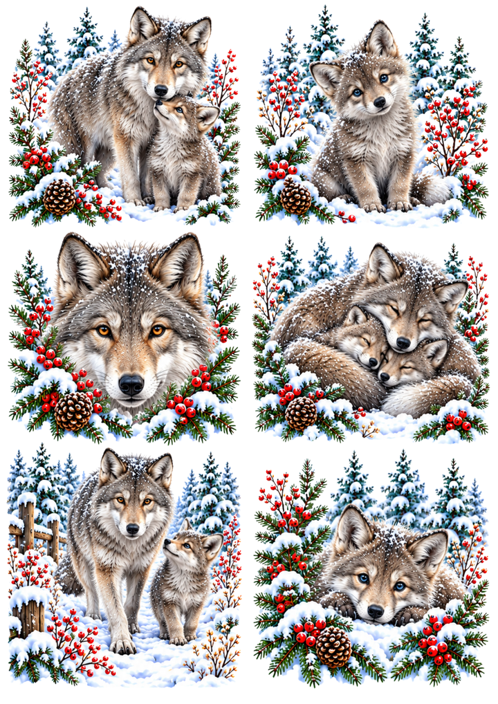 Rice Paper For Decoupage Winter Wolf Family Scene Collage Cat. No 10472