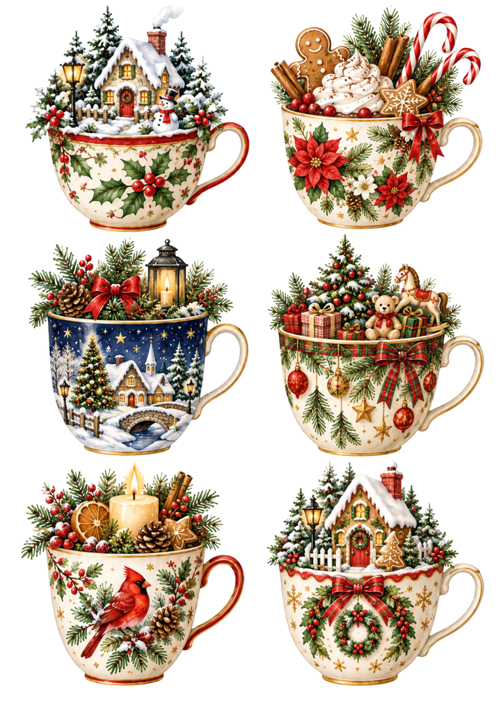 Rice Paper For Decoupage Christmas Cottages in a Teacup Garden Collage Cat. No 10478
