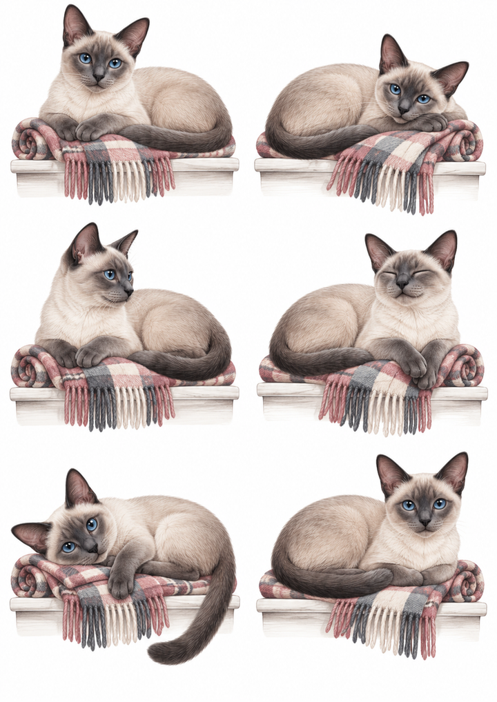 Rice Paper For Decoupage Siamese Cats on Plaid Collage Cat. No 10491