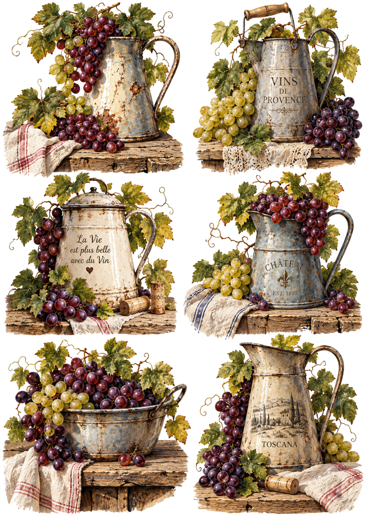 Rice Paper For Decoupage Vintage Grapes Jug Collage Cat. No 10511