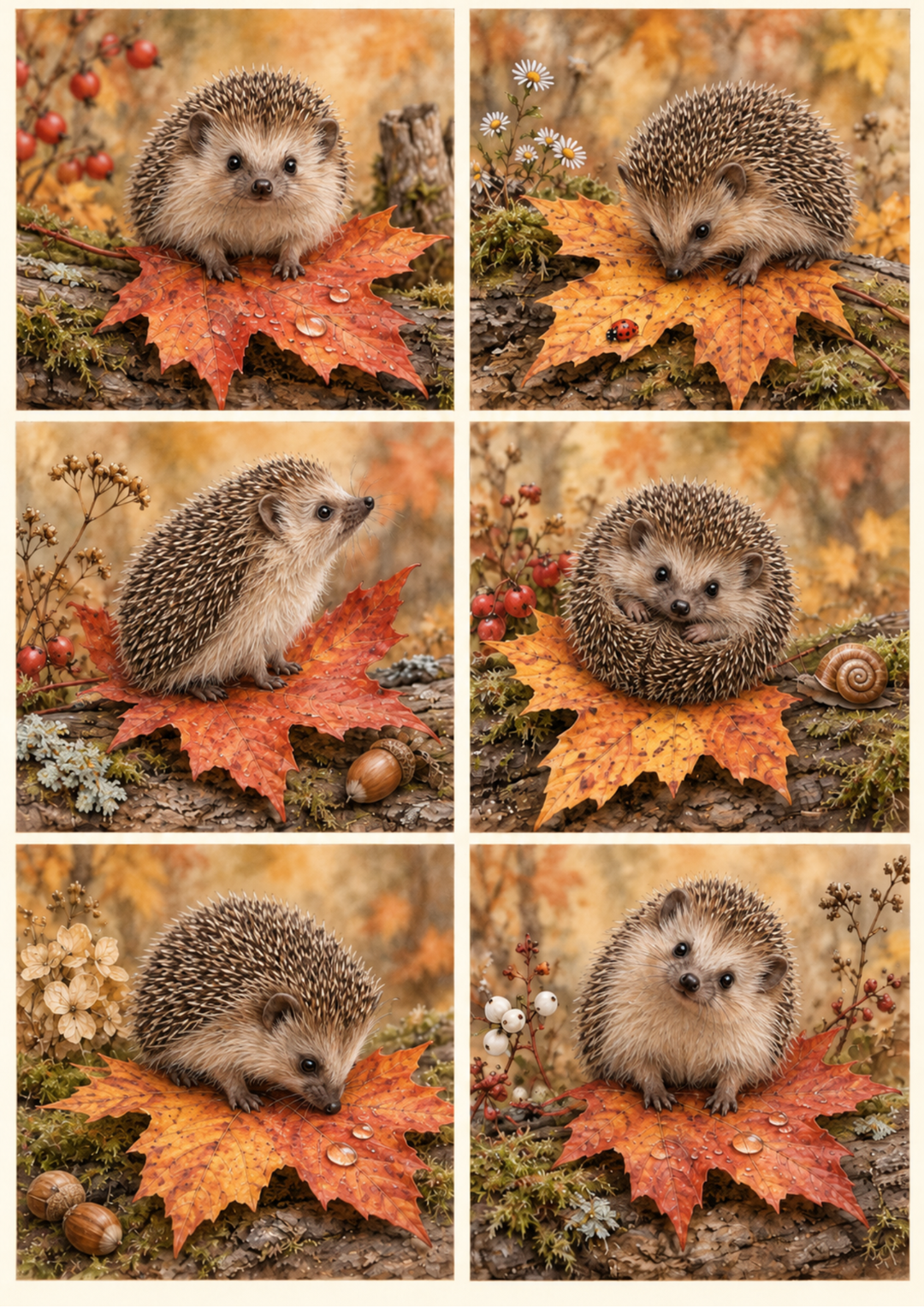 Rice Paper For Decoupage Autumn Hedgehog on Maple Leaves Collage Cat. No 10514
