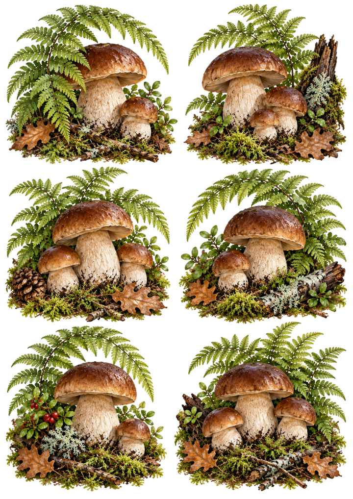 Rice Paper For Decoupage Mushrooms Among the Ferns Collage Cat. No 10521