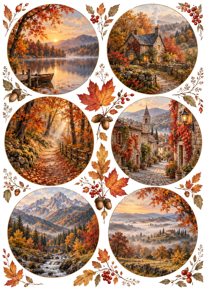 Rice Paper For Decoupage Autumn Landscape Circles Collage Cat. No 10524