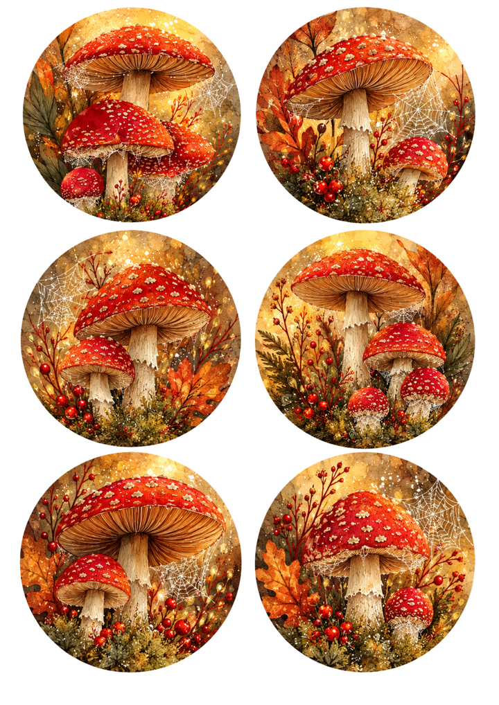 Rice Paper For Decoupage Forest Toadstools Circles Collage Cat. No 10527