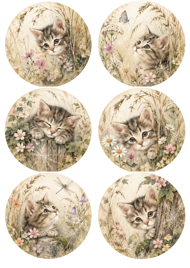 Rice Paper For Decoupage Little Kitten Circles Collage Cat. No 10528