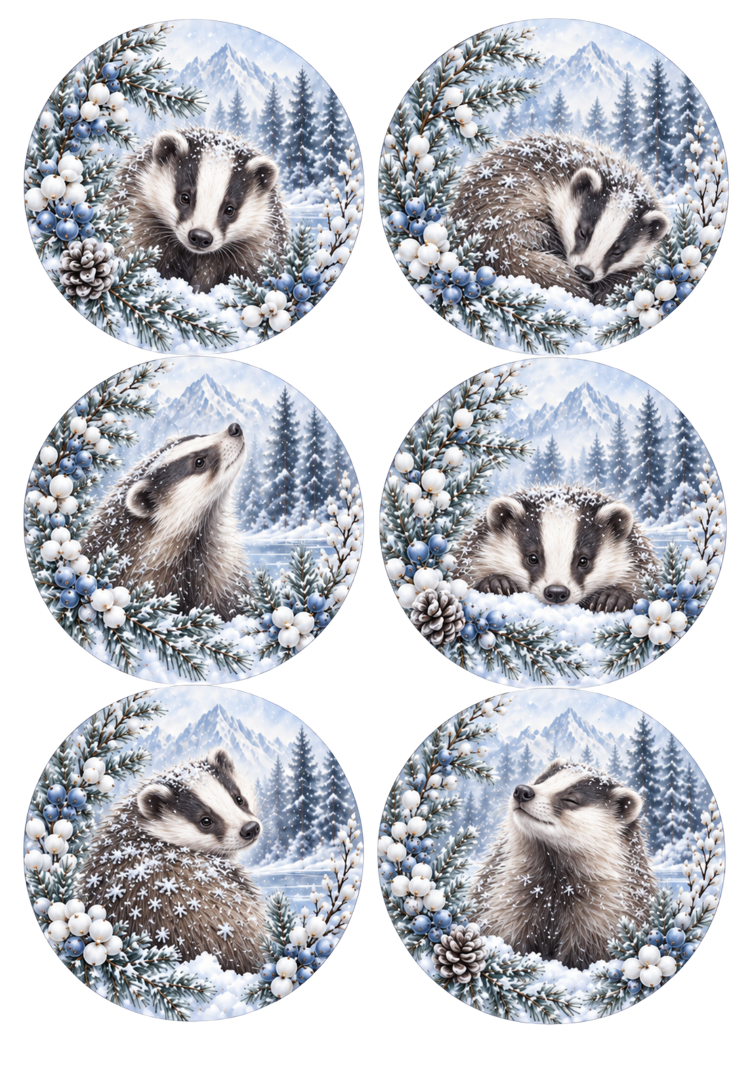 Rice Paper For Decoupage Snowy Woodland Badger Collage  Cat. No 10535