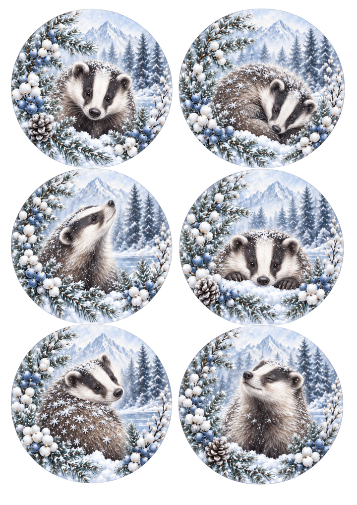 Rice Paper For Decoupage Snowy Woodland Badger Collage  Cat. No 10535