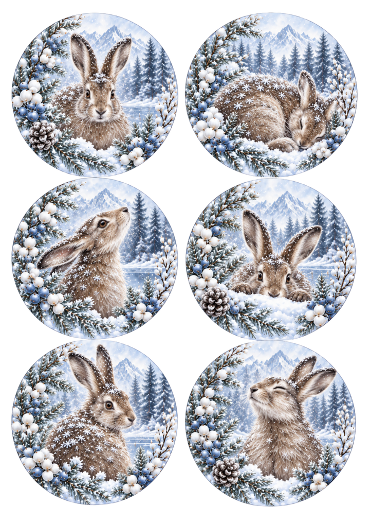 Rice Paper For Decoupage Snowy Woodland Hare Collage  Cat. No 10536
