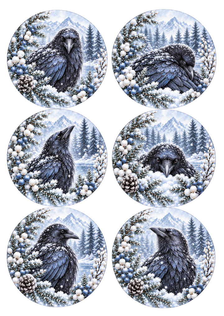 Rice Paper For Decoupage Snowy Woodland Crow Collage  Cat. No 10537