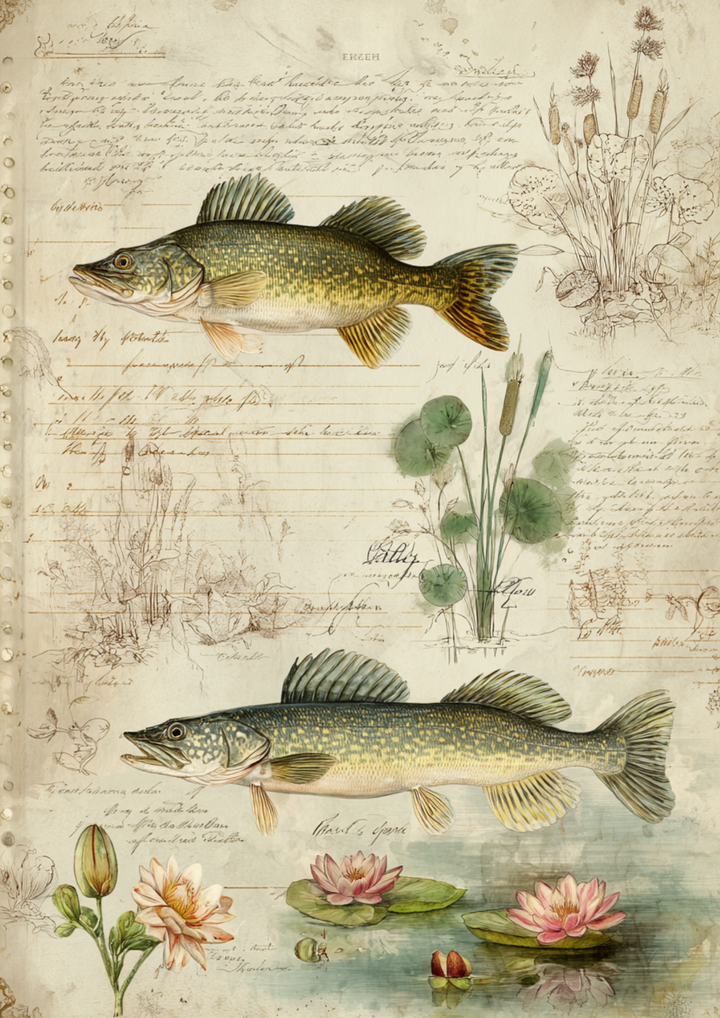 Rice Paper For Decoupage Vintage Freshwater Fish Study  Full  Cat. No 10552