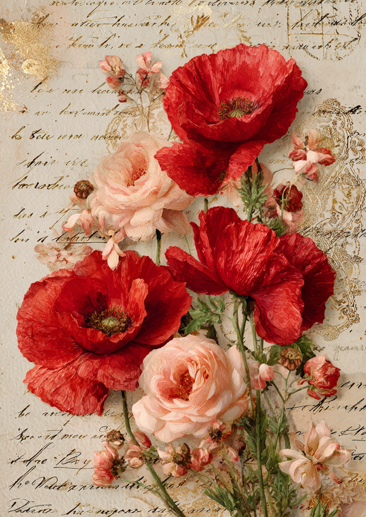 Rice Paper For Decoupage Vintage Red Poppies  Full  Cat. No 10558