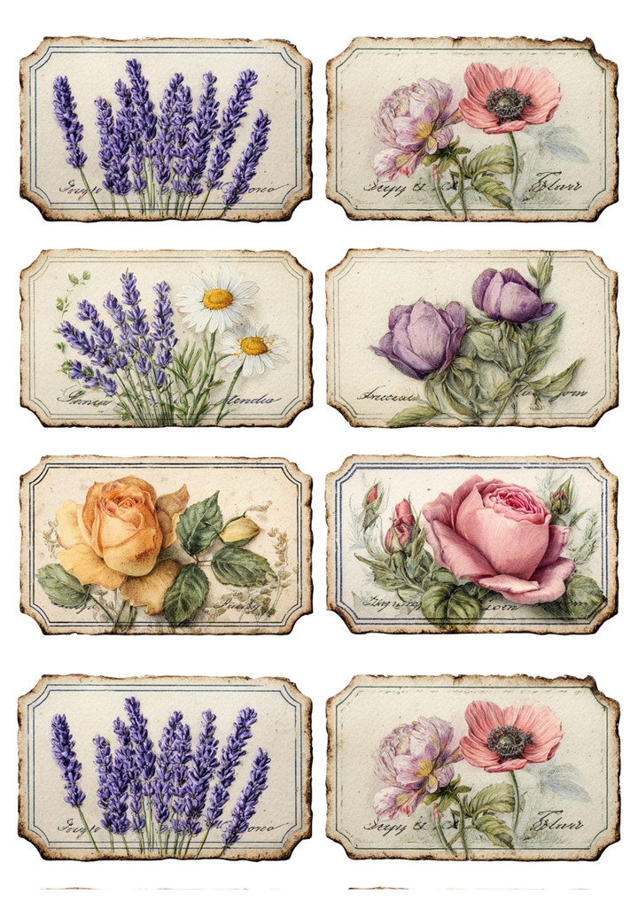 Rice Paper For Decoupage Vintage Floral Labels Collage  Cat. No 10565