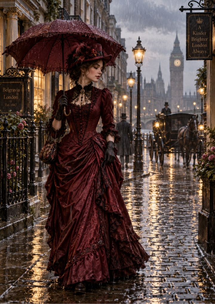 Rice Paper For Decoupage Rainy Victorian London in Burgundy  Full  Cat. No 10587