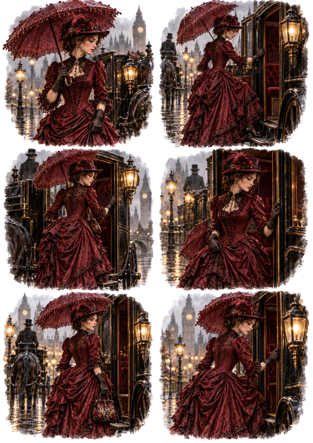Rice Paper For Decoupage  Victorian Rainy Carriage Vignettes Collage  Cat. No 10592