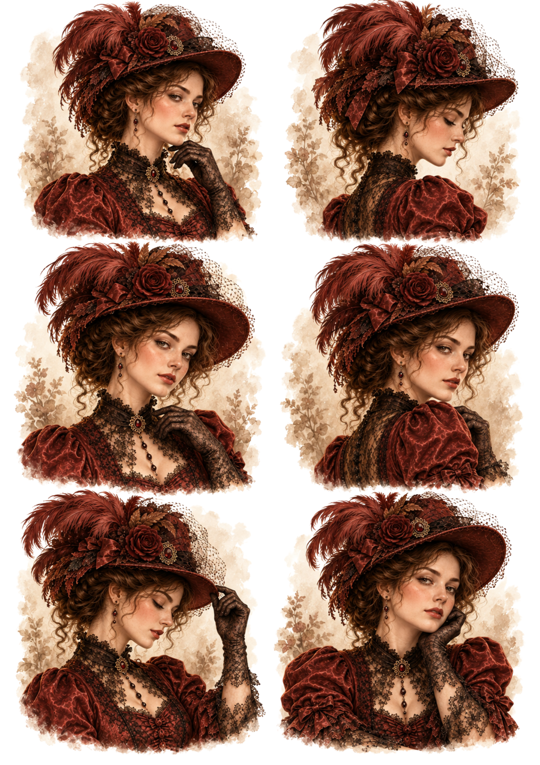 Rice Paper For Decoupage Victorian Burgundy Portrait Collection Collage Cat. No 10594