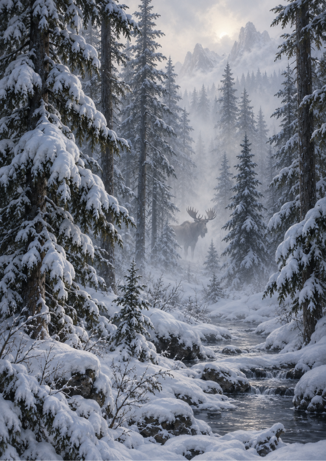 Rice Paper For Decoupage  Misty Winter Forest with Moose and Stream Full Cat. No 10596