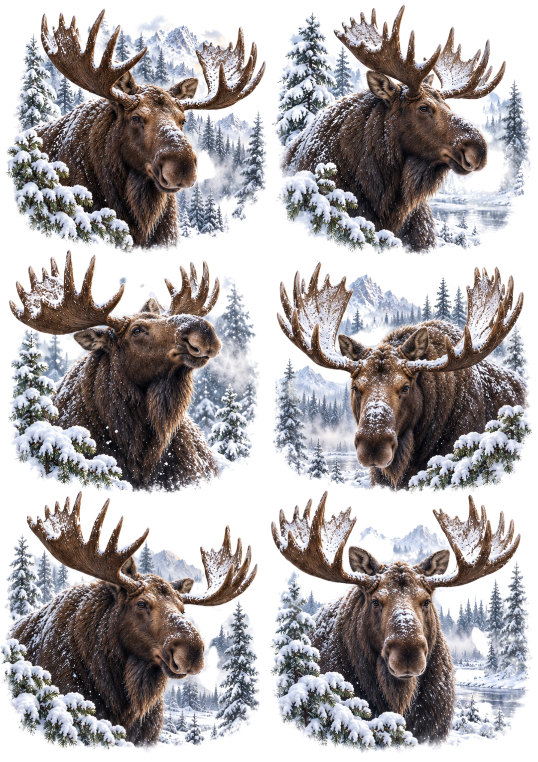 Rice Paper For Decoupage Snowy Moose Portrait Collage Cat. No 10598
