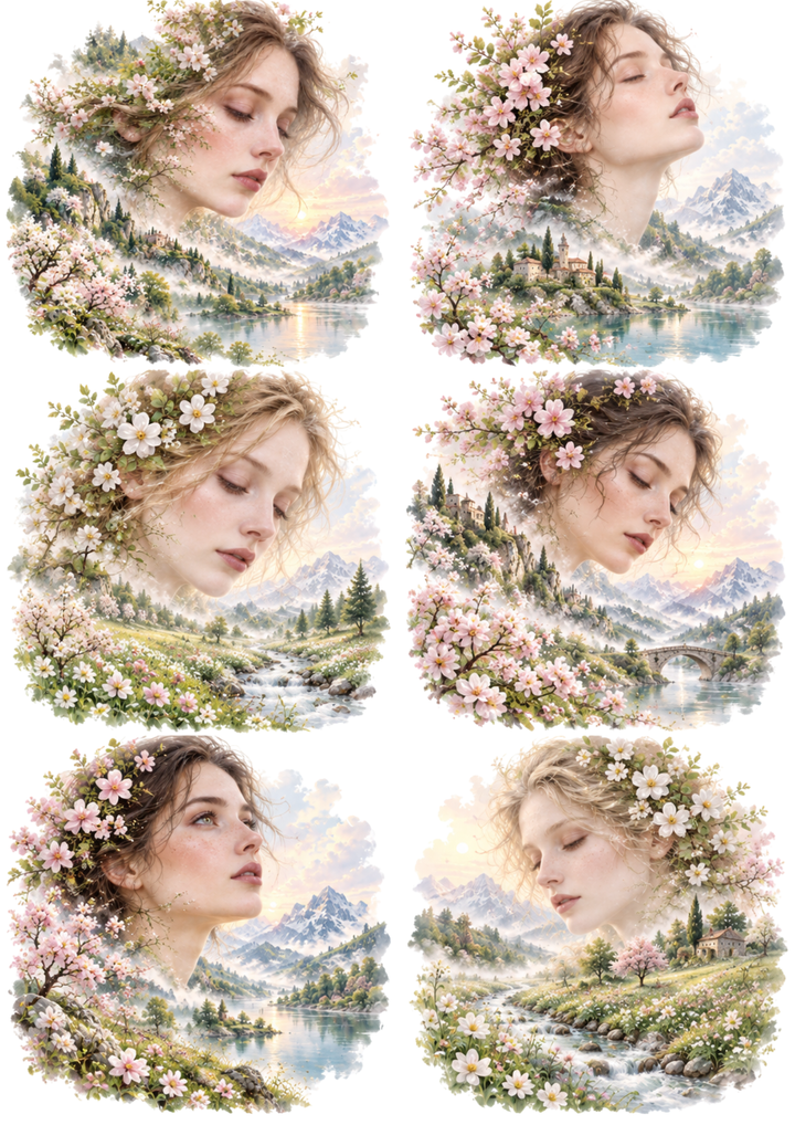 Rice Paper For Decoupage Dreamy Blossom Landscapes: Six Ethereal Portraits Collage  Cat. No 10603