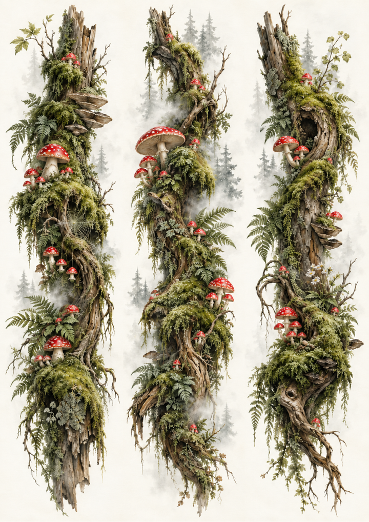 Rice Paper For Decoupage Mossy Amanita Forest Triptych Collage  Cat. No 10606