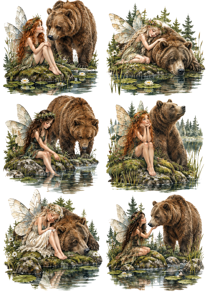 Rice Paper For Decoupage Whimsical Fairies and Woodland Bears Collage  Cat. No 10608