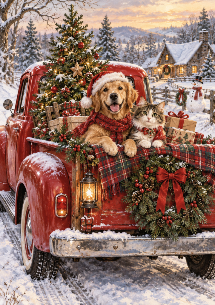 Rice Paper For Decoupage Festive Friends in a Snowy Pickup Full Cat. No 10623
