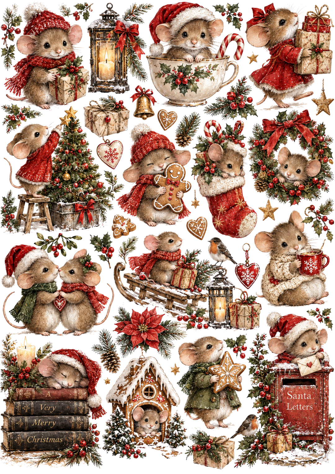 Rice Paper For Decoupage Vintage Christmas Mouse Collage Cat. No 10627