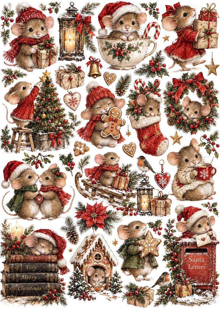 Rice Paper For Decoupage Vintage Christmas Mouse Collage Cat. No 10627
