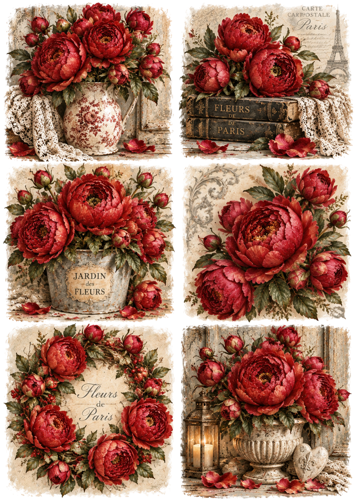 Rice Paper For Decoupage Vintage French Peony Collage Cat. No 10631