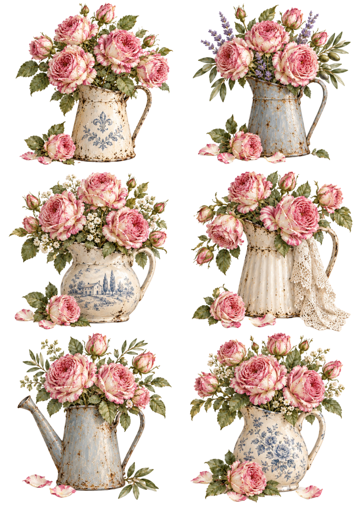 Rice Paper For Decoupage Vintage Provence Rose Pitcher Collage Cat. No 10634