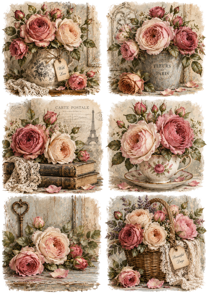 Rice Paper For Decoupage Vintage French Rose Still-Life Collage Cat. No 10635