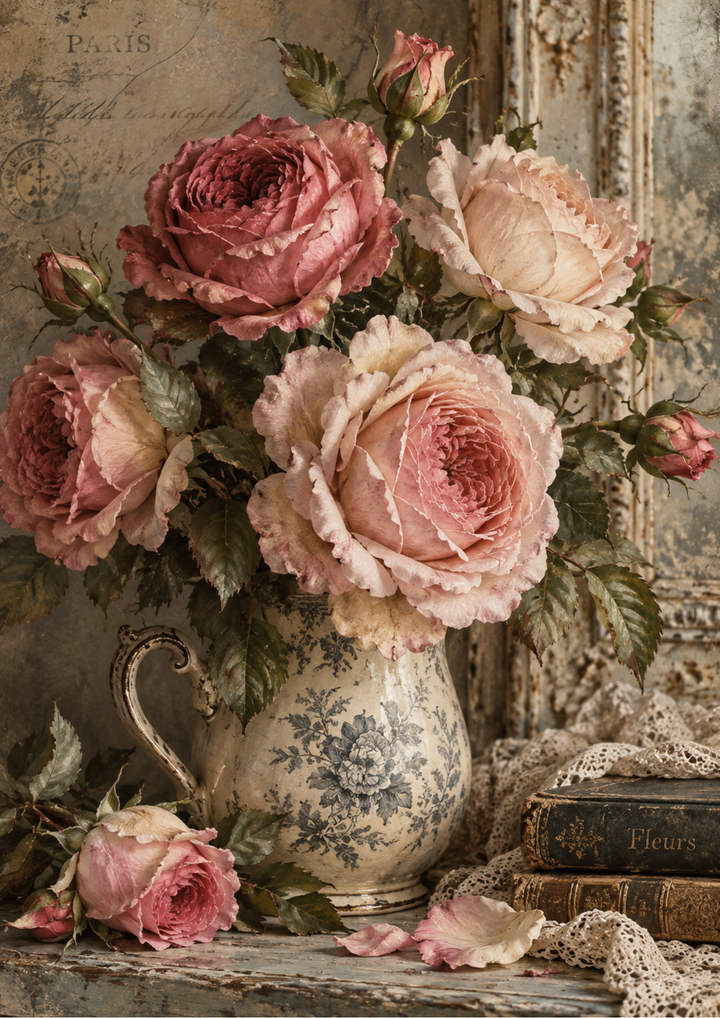 Rice Paper For Decoupage Vintage Roses in Parisian Still Life Full Cat. No 10636